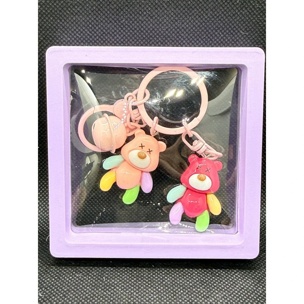 Colorful Double Teddy Bear Keychain Set Pink Peach Bag Charms with Bell & Box